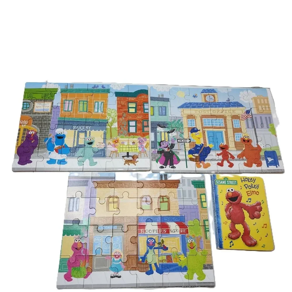 Sesame Street Puzzle & Book Lot 3 Puzzles + Elmo Book